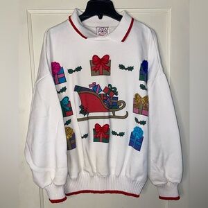 Vintage Sports Accent Ugly Christmas Sweatshirt/Sweater Collared White XL 70/80s